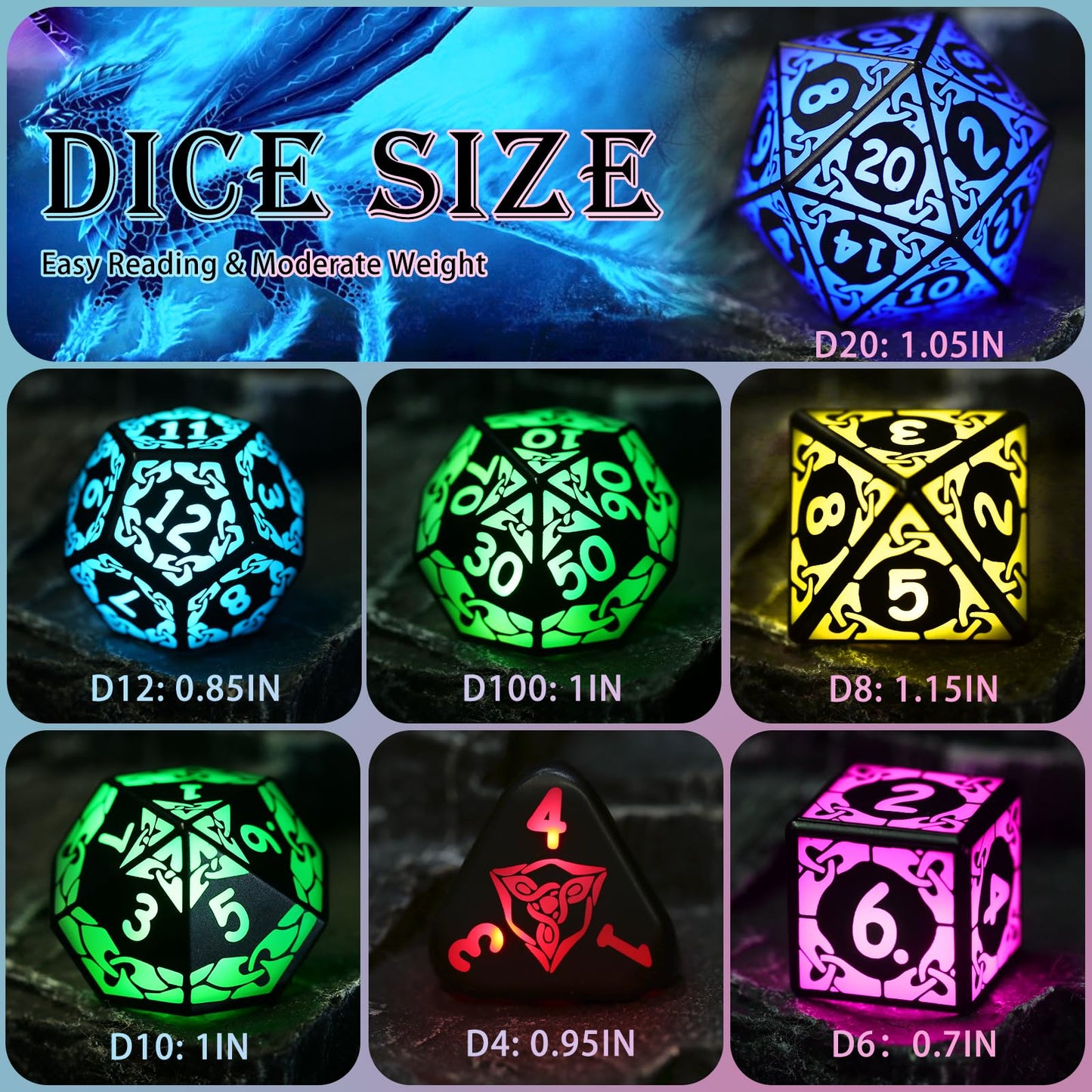 ZHOORQI LED DND Dice Set Rechargeable, Cool Light up Dice Wireless Charging for Dungeons and Dragons, Polyhedral Role Playing Di