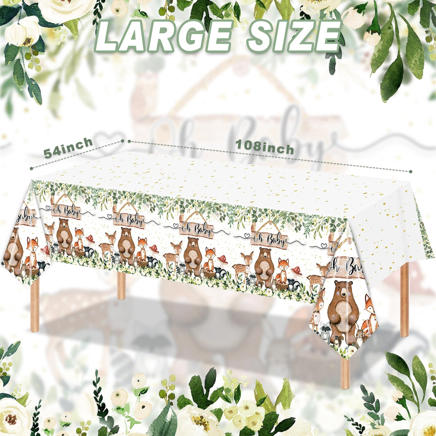 Rejoice Bunny 3Pcs Woodland Baby Shower Tablecloth Boys Girls Safari Jungle Wild Animal Party Decorations Nature Sage Forest Tab