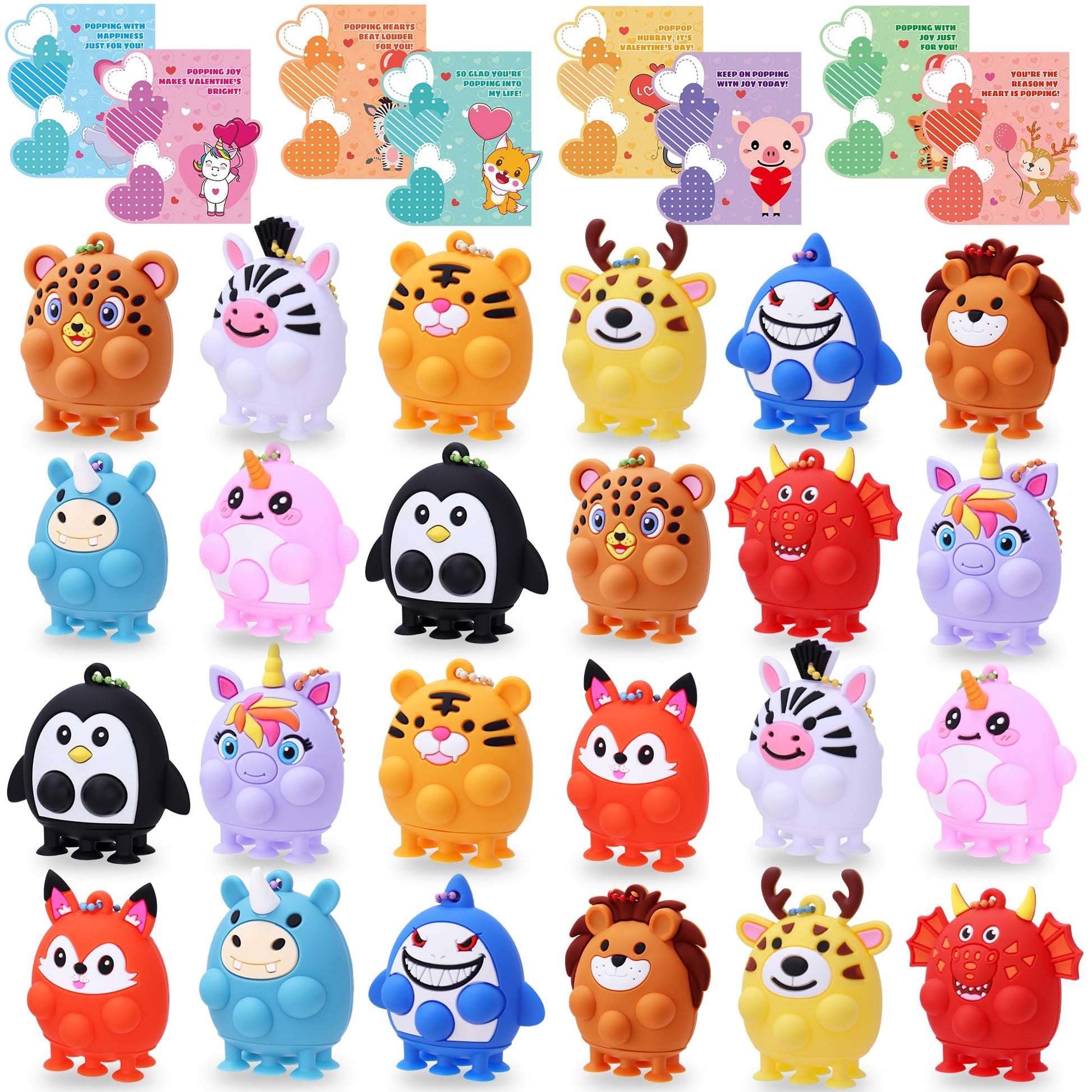 Kiddelo 24 Pack Valentines Day Cards for Kids School Classroom Exchange, Animal Pop Fidget Suction Keychains with 24 Cards, 12 D