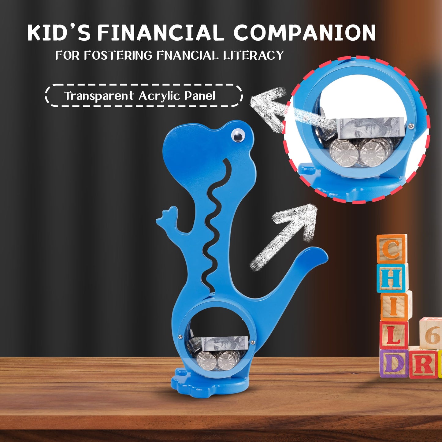 squacco Dinosaur Piggy Bank Boalord for Girls Boys Kids Big Animal Personalized Wooden Coin Bank Money Saving Box for Children mature-themed Best Toy Gift(Dino -Blue)