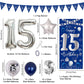 15Th Birthday Decorations For Boys Girls, Navy Blue Silver Happy 15Th Birthday Decorations Door Sign Banner 32'' Number 15 Foil