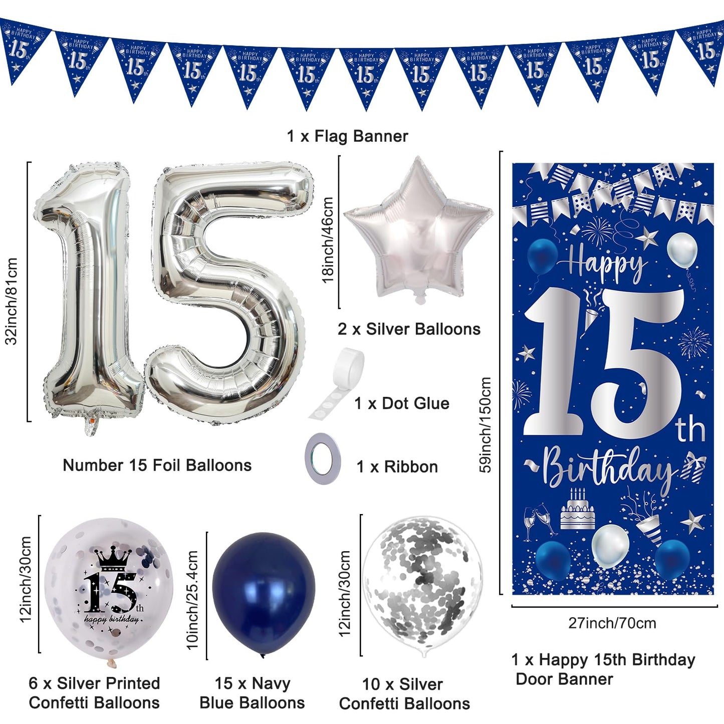 15Th Birthday Decorations For Boys Girls, Navy Blue Silver Happy 15Th Birthday Decorations Door Sign Banner 32'' Number 15 Foil