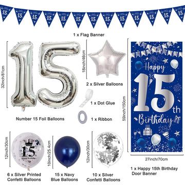 15Th Birthday Decorations For Boys Girls, Navy Blue Silver Happy 15Th Birthday Decorations Door Sign Banner 32'' Number 15 Foil