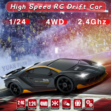 YUAN PLAN RC Drift Car, 1/24 Remote Control Car 4WD RC Cars for Kids, 2.4GHz Hobby Racing Car Toys Drifting RC Car with LED Ligh