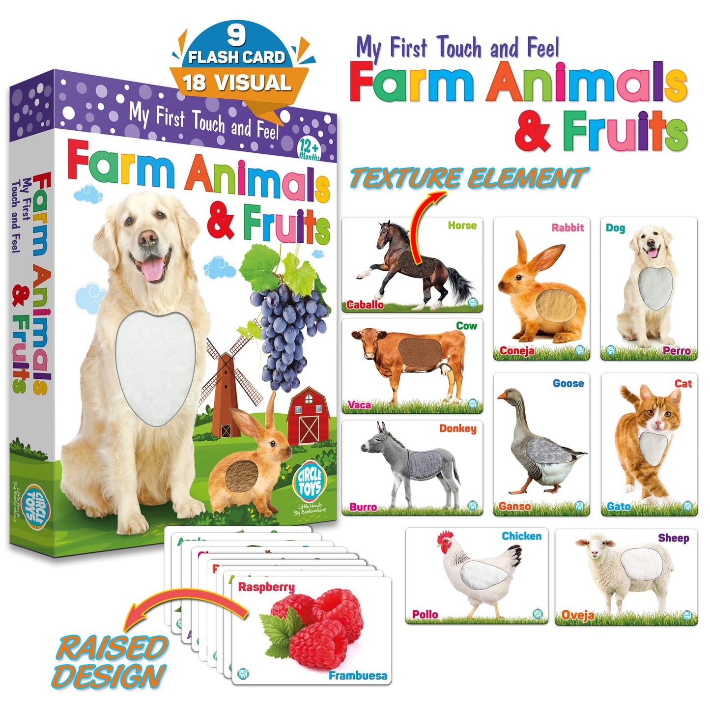 My Touch And Feel English Spanish Bilingual Picture Double Sided Sensory Flash Cards For Infant, Toddlers, Kids, Learn Animals,