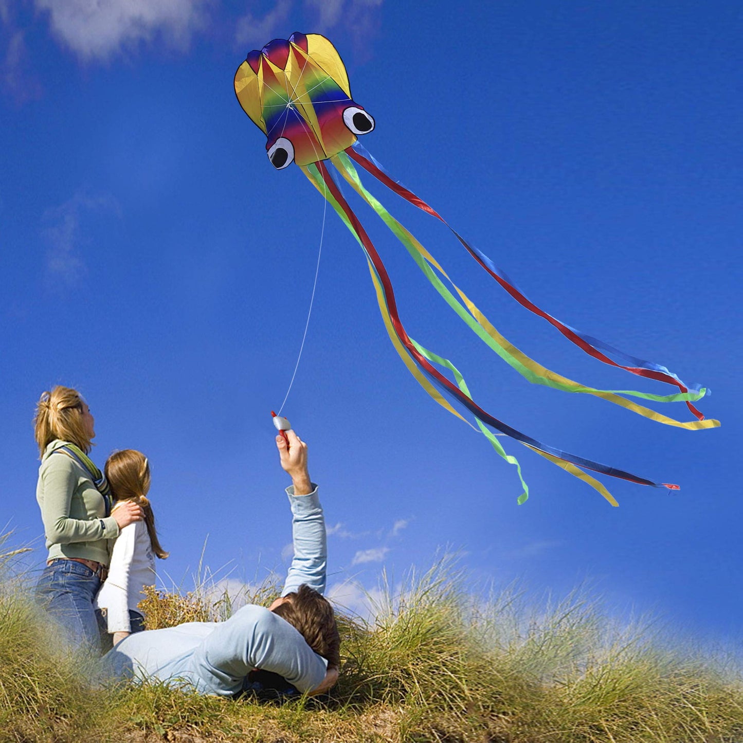 14Ft R2F Rainbow Soft Octopus Kite For Kids And Audlts-Large Kite With 11.5Ft Long Tail And 200Ft Flying Line-Easy To Fly Toy For Outdoor Games Beach And Activities