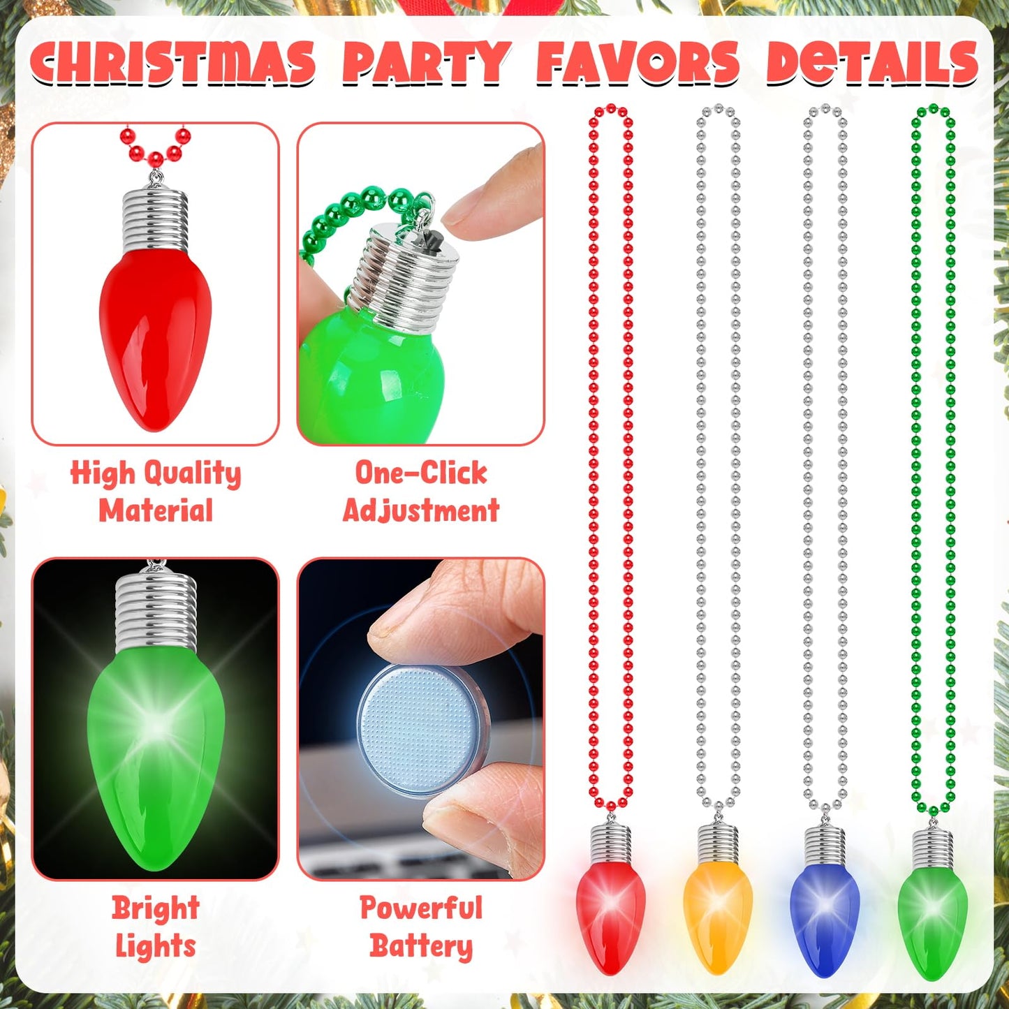 Christmas Party Favors, 12PCS Christmas Necklace Light Up, Colorful Christmas Accessories, 3 Modes Christmas Necklaces Bulk Bead