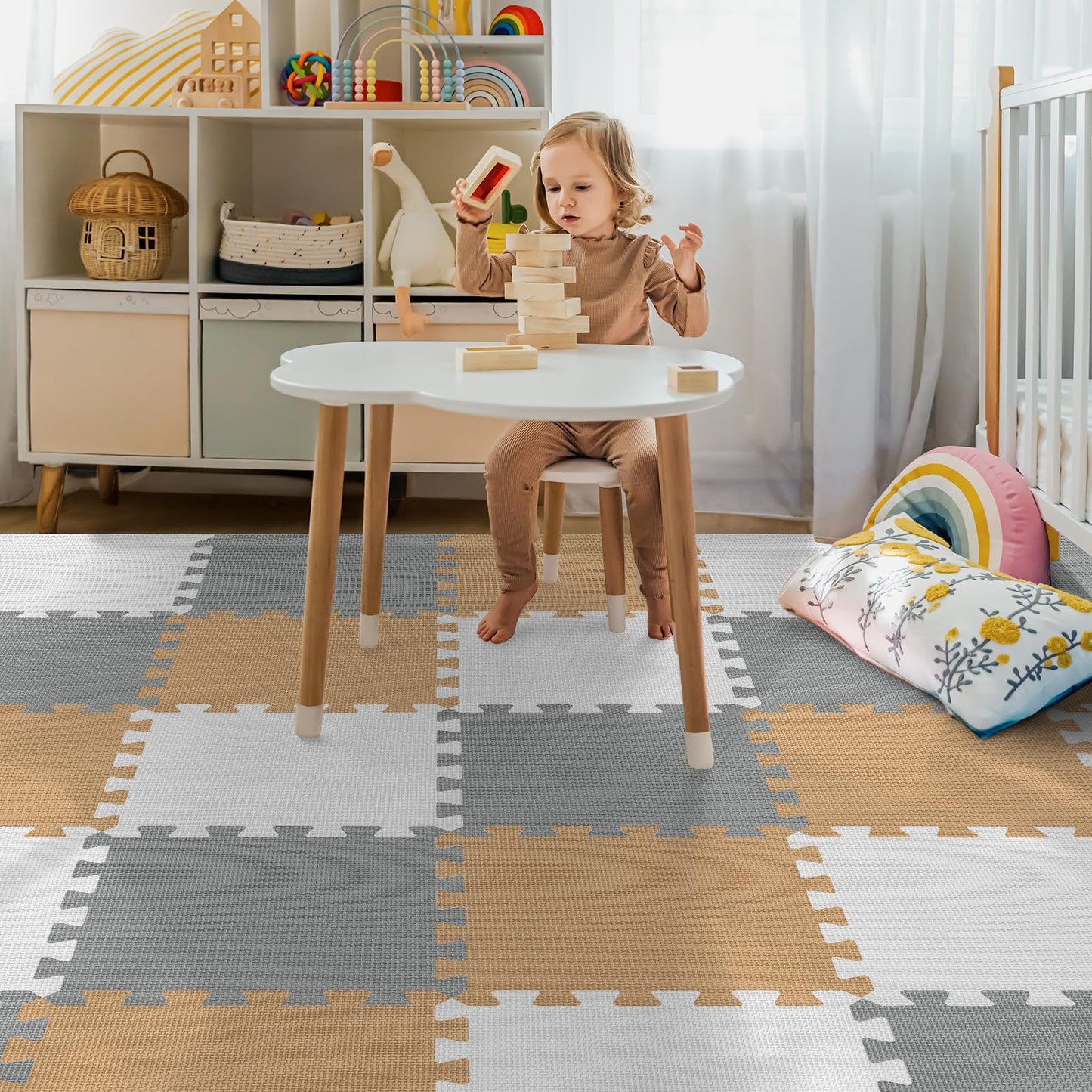 36Pcs Baby Play Mat for Floor  Foam Floor Tiles for Kids with Interlocking  Squares Foam Puzzle Carpet for Playroom Crawling Rug for Babies 6-12 Months Toddlers 11.8*11.8*0.6In Each Grey White Brown