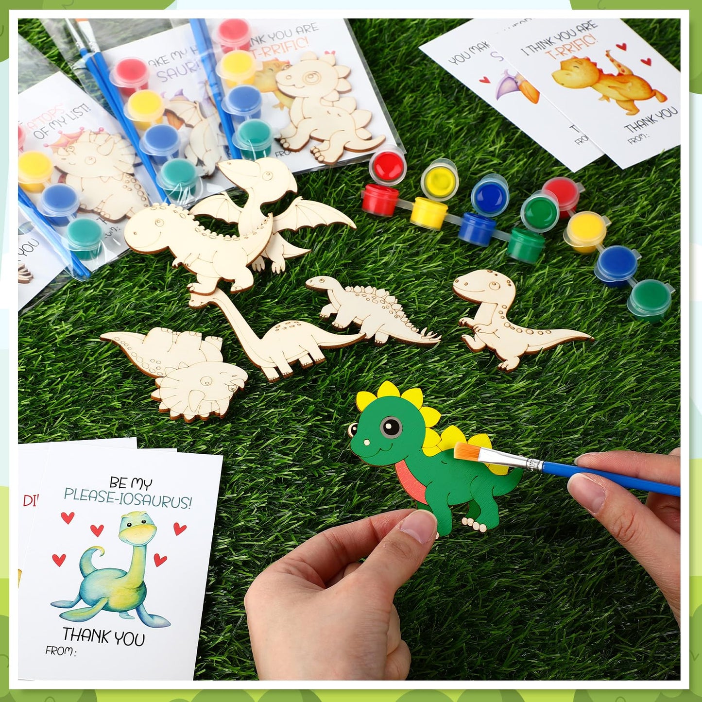 Leinuosen 28 Sets Dinosaur Party Favors Wood Painting Craft Kits with Art Supplies and Inspirational Cards Thank You for Coming