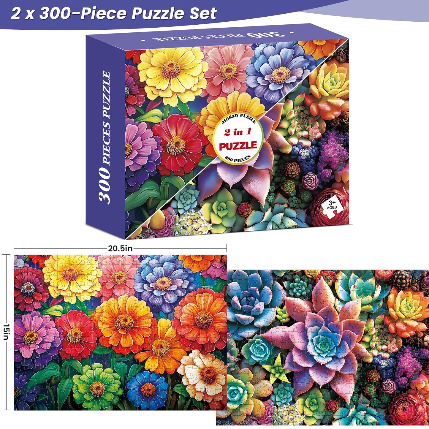 300 Piece Puzzle for Adults,Flowers & Succulents Jigsaw Puzzle for Adults Teens,Large Piece Puzzle for Kids Ages 8-10 10-12,Glos