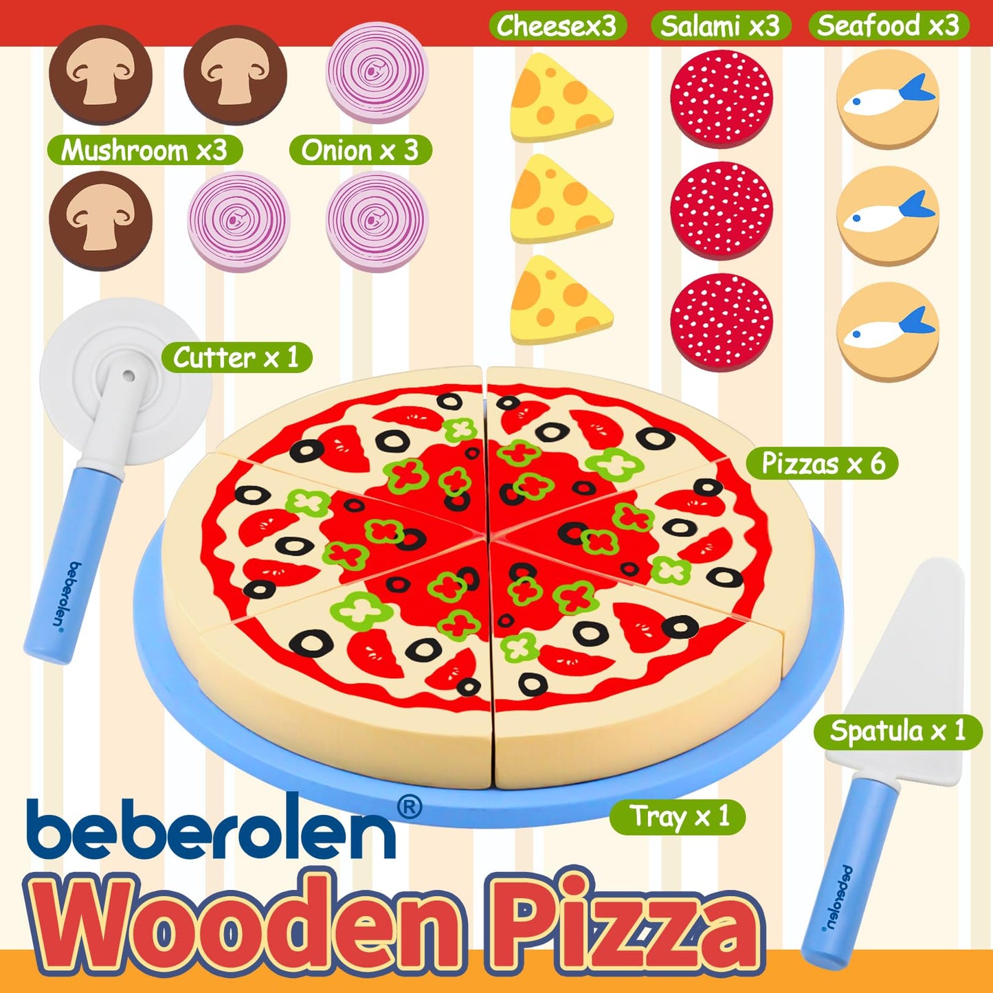 Wooden Pizza Toys for Kids, 24Pcs Cutting Toy Pizza Play Food Set, Pretend Play Kitchen Accessories Wood Cooking Toys for 3 4 5