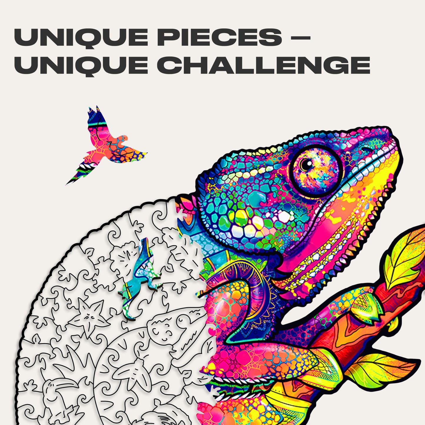 Unidragon Original Wooden Jigsaw Puzzles - Iridescent Chameleon, 202 Pcs, Medium 10.2''X13'', Beautiful Gift Package, Unique Sha
