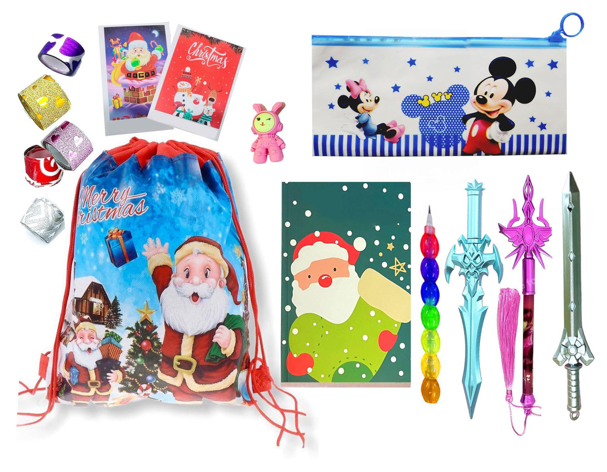 SHUDAUSHI 15pcs Santa Claus Theme Stationery Gift Set for Kids, Christmas Day Gift for Kids Santa Claus Bag, Diary, Cards Return
