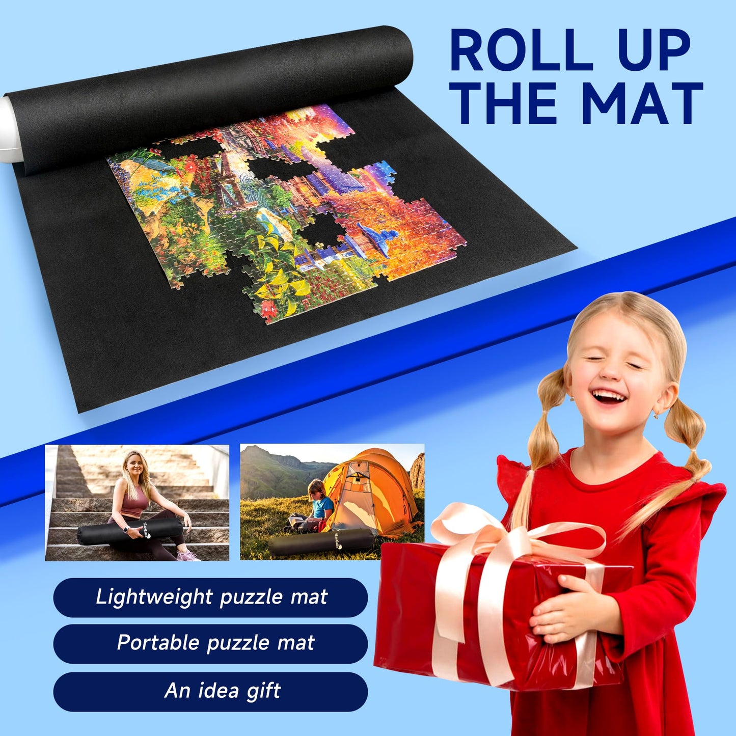 Sancaliie Jigsaw Puzzle Mat Roll Jigsaw Storage Felt Mat  Jigroll Up to 2 000 Pieces with 6 Colorful Trays  Jigsaw Puzzle Player  Gift Box with Drawstring Storage Bag  3 Elastic Band  Hand Pump