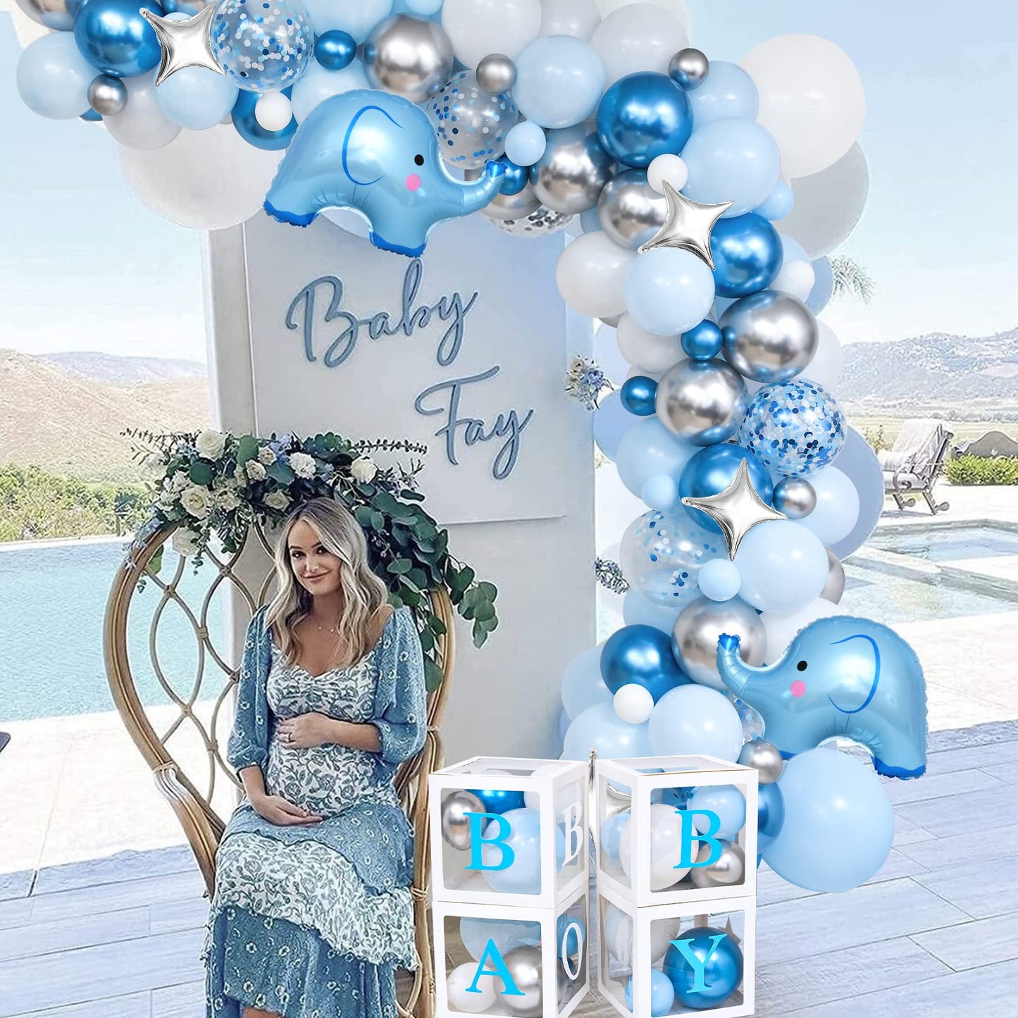 Golray 155Pcs Elephant Baby Shower Decorations For Boy Baby Boxes With Letters Blue Balloon Garland Kit It'S A Boy Backdrop Tablecloth Star Elephant Kid Birthday Party Supplies Baby Boy Shower Decor