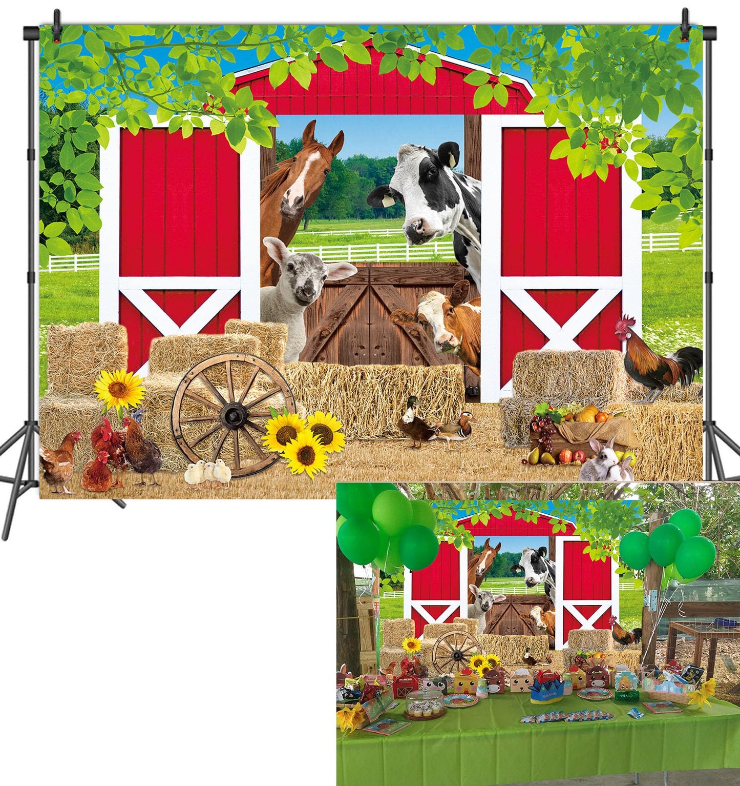 BAIFNEZ Farm Animals Backdrop Red Barn Farmhouse Barnyard Party Banner 8x6FT Country Farm Birthday Party Decorations for Kids Ba