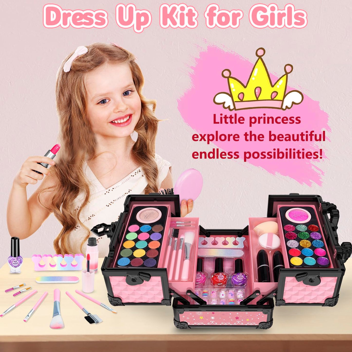 Hollyhi 59Pcs Kids Makeup Kit for Girl, Washable Play Makeup Toys Set for Dress Up, Beauty Vanity Set with Cosmetic Case Birthda