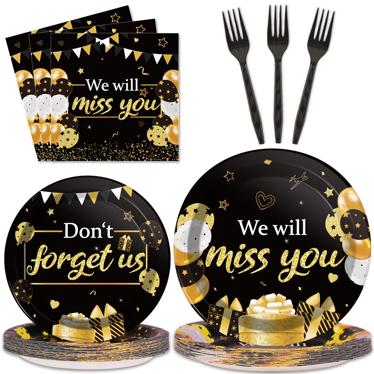 96pcs We Will Miss You Party Paper Plate and Napkin Farewell Party Decoration Going Away Party Disposable Tableware Set Gold and