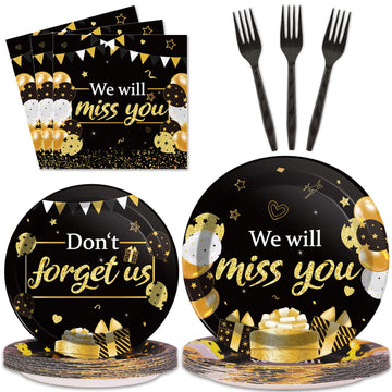 96pcs We Will Miss You Party Paper Plate and Napkin Farewell Party Decoration Going Away Party Disposable Tableware Set Gold and