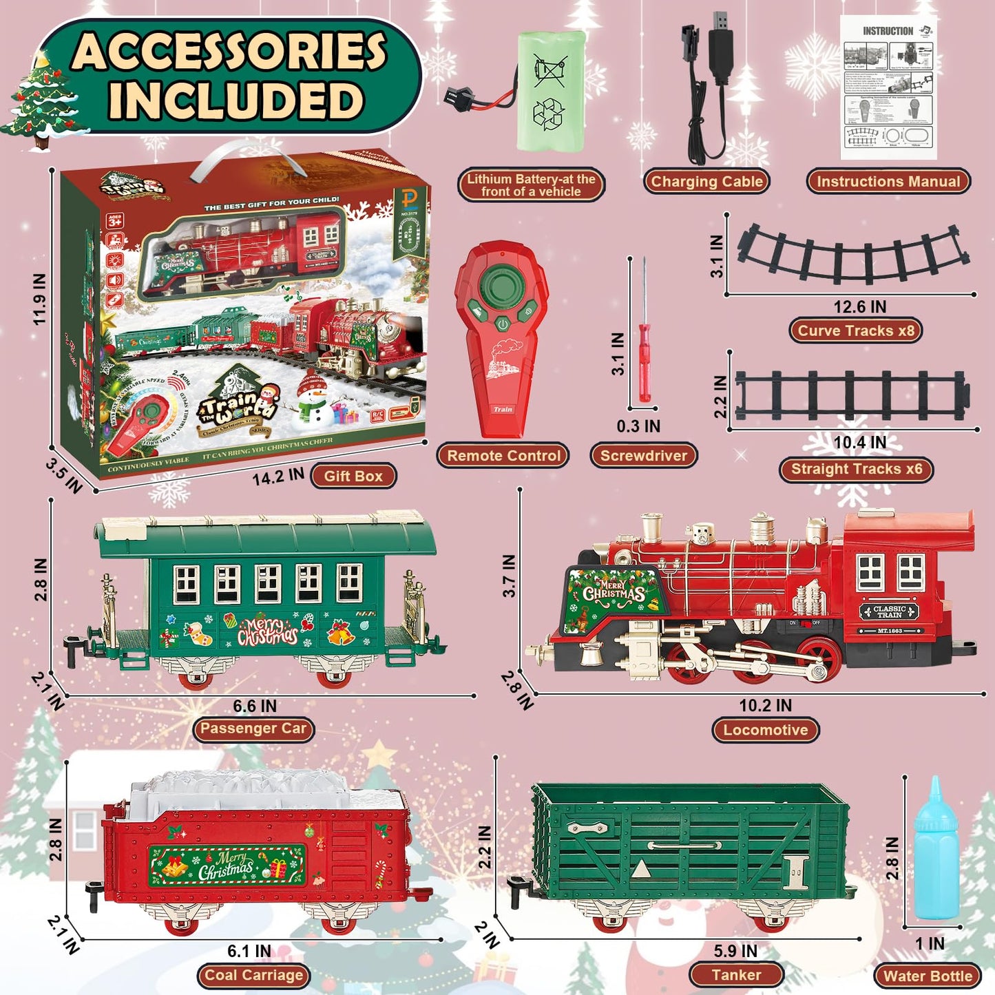 Christmas Train Set - Updated Remote Control Christmas Train Toys W/Smoke, Sounds, Lights, Rechargeable Electric Train For Aroun