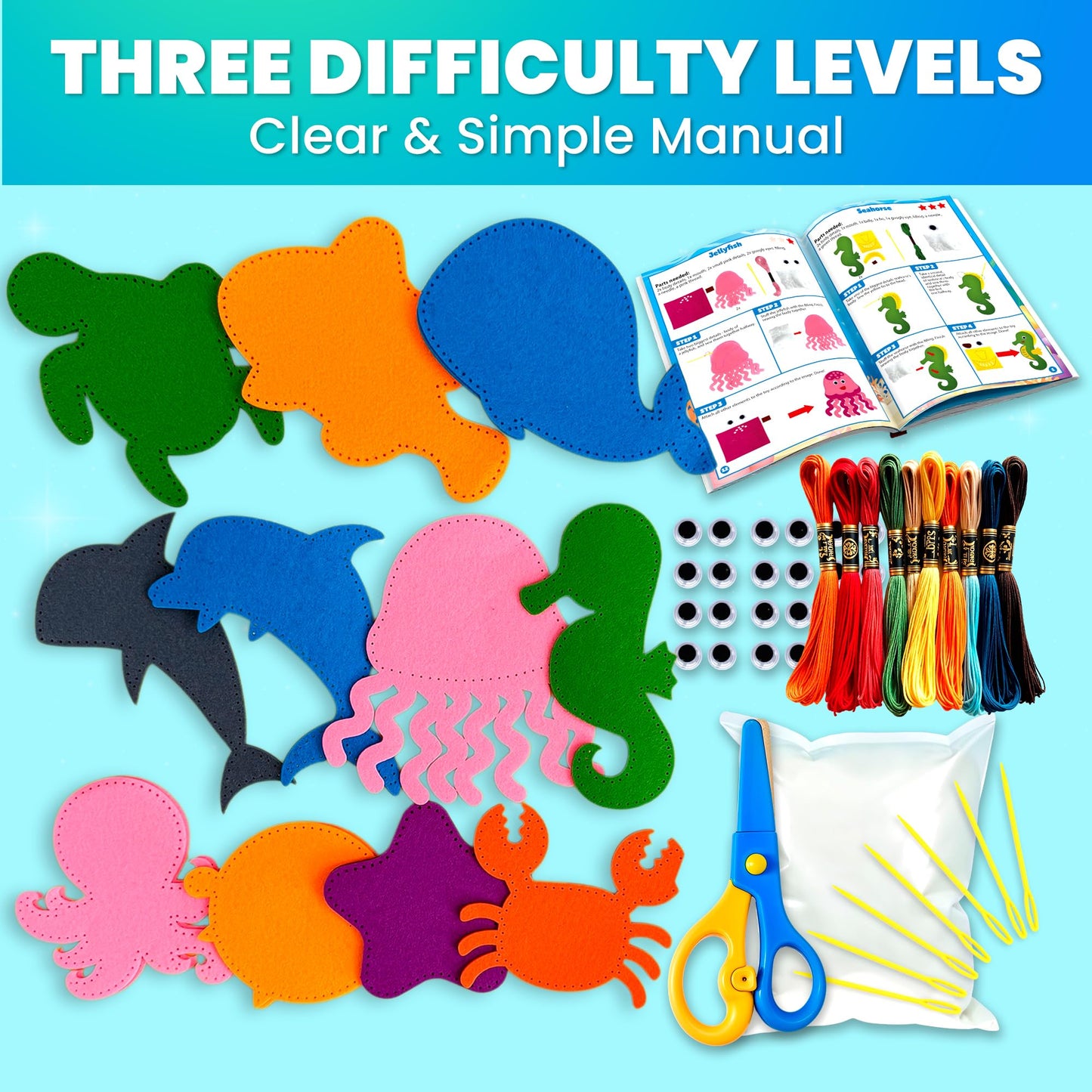 UOKKA Kids Crafts Ages 4-8, DIY Beginner Needle and Thread Kit - 12 Sea Animals Sewing Kit Basic - Fun Arts Crafts for Kids Ages