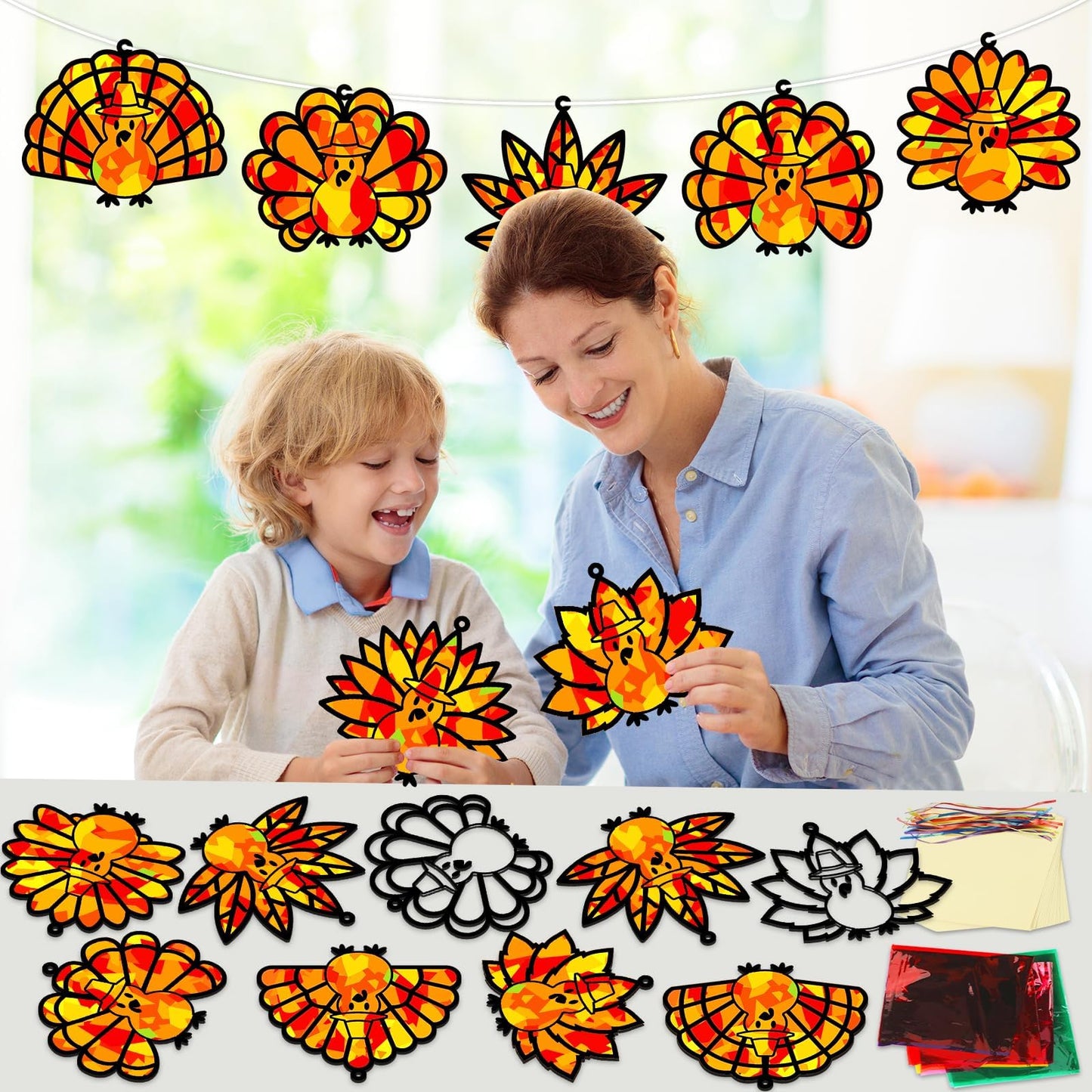 30 Sets Fall Thanksgiving Suncatchers Craft Kit DIY Turkey Window Stained Glass Effect Paper Thankful Autumn Home School Classro
