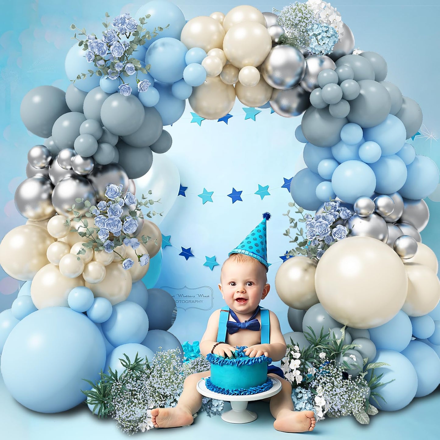 Dusty Blue Balloon Arch Kit, 125 Pcs Light Blue Pearl Sand White Balloon Garland Mit Baby Powder Slate Blue Balloons, Metallic S