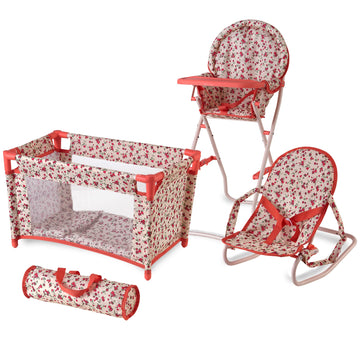 Floral Baby Doll Accessories Set - 3-1 Furniture With Crib, High Chair, Bouncer Seat Bed For 18    Play Toys 18'' Dolls