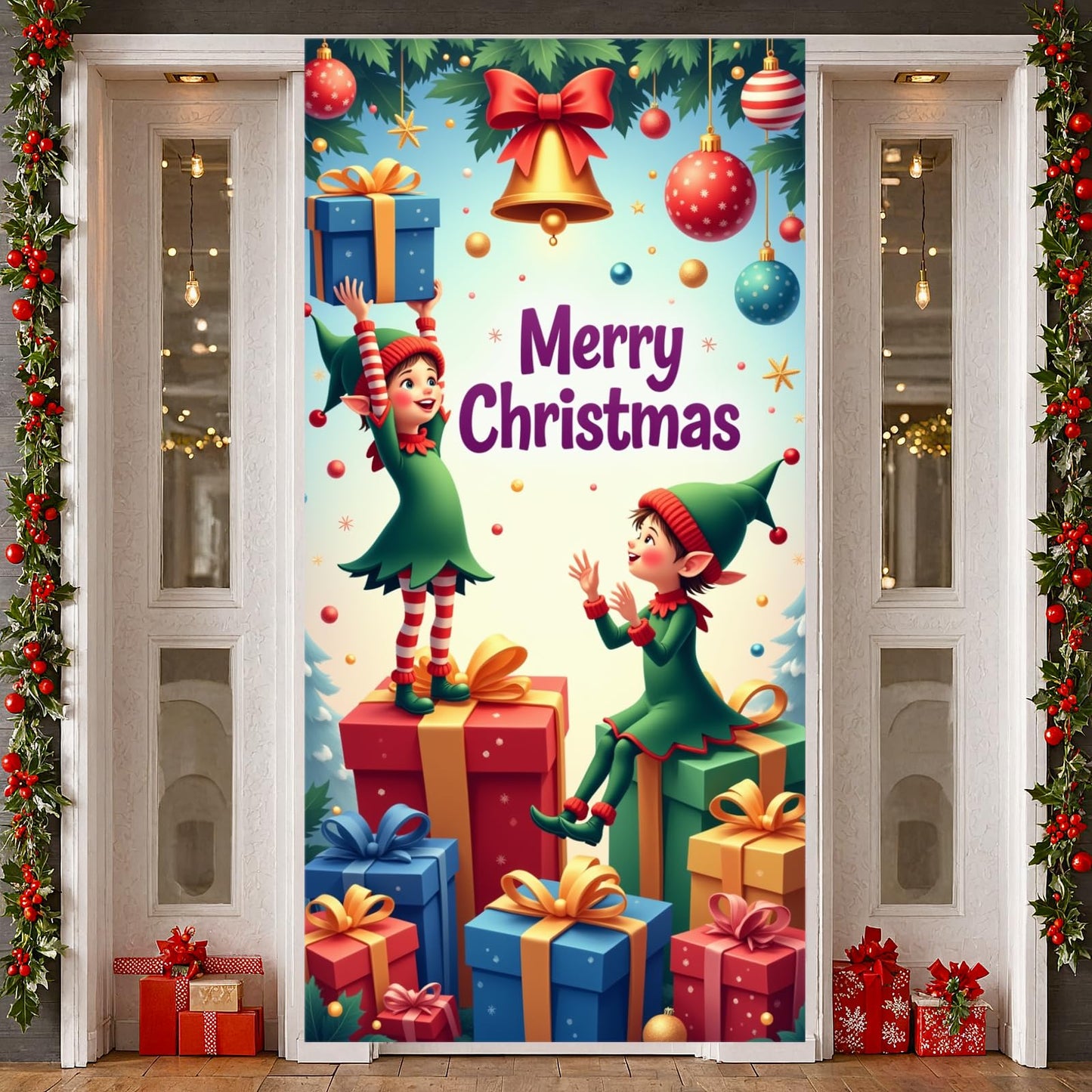 Christmas Elves Door Cover Funny Elf Christmas Hanging Banner Backdrop Photo Background Large Elf Xmas Fairy Door Decorations Gi