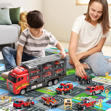 NIPLOOOW Toddler Boys Toys for 3 4 5 6 Years Old, Fire Truck Vehicle Toy Set with Play Mat, Die-Cast Toy Car Carrier Truck for B