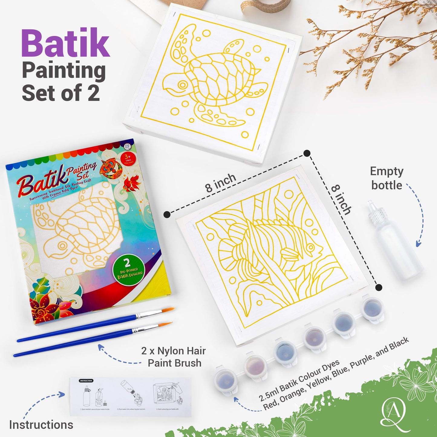 Malaysian Batik Organic Colors Painting 2-in-1 Kit (Fish, Sea Turtle) - Art Craft Painting Activity Kit Set for Adults and Kids