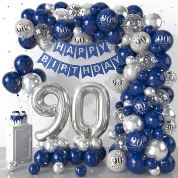 90Th Birthday Decorations Navy Blue Silver,90Th Birthday Balloon Garland Party Decorations With Number 90 Foil Balloons,Happy Bi