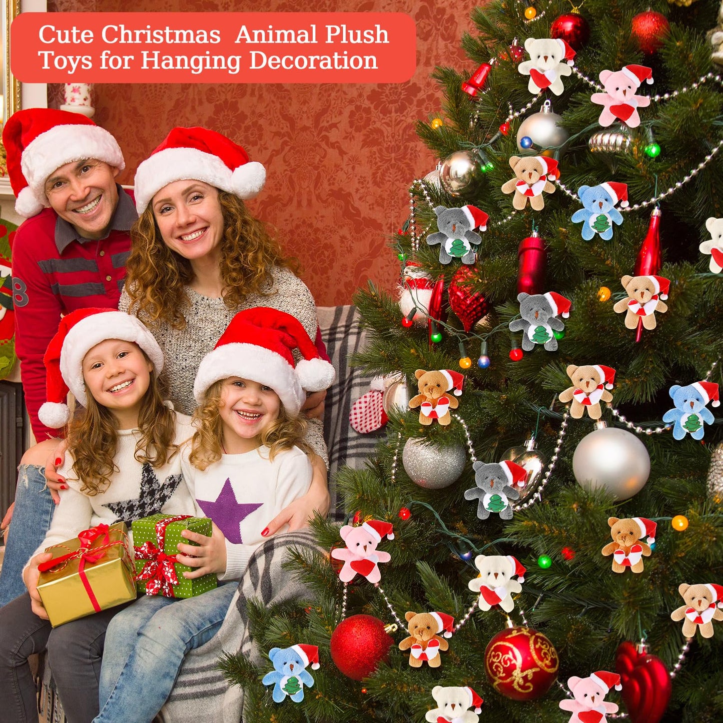 Blueweenly 24 Pcs Christmas Mini Stuffed Animal Bear Bulk Small Plush Christmas Bear with Santa Hat Tiny Xmas Animal Keychain fo
