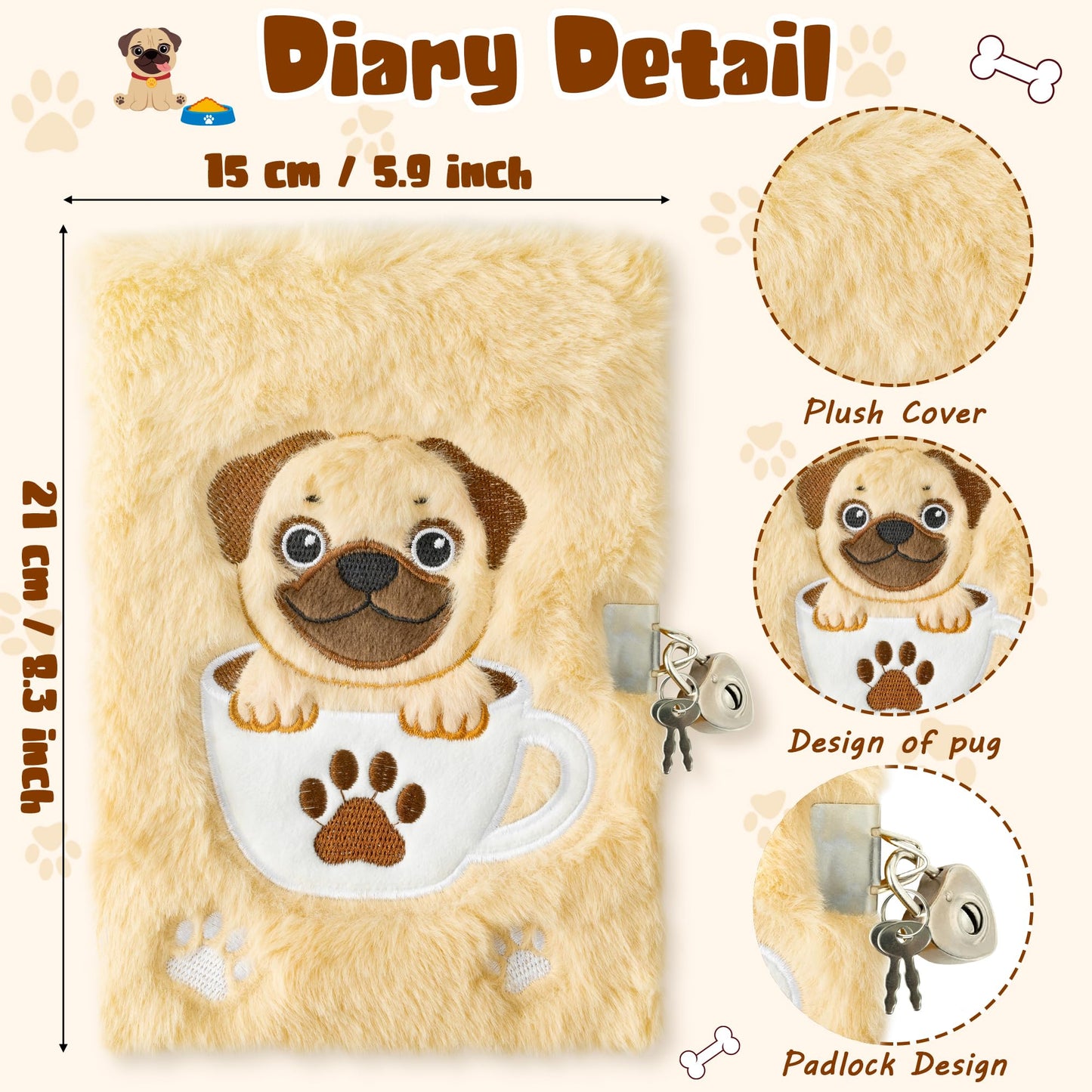 Cy2Side 6Pcs Bago Dog Diary With Lock And Keys For Girls Bago Dog Plush Secret Journal Diary Journaling Set For Writing Make Your Own Scrapbook With Crafts Idea Birthday Gifts For Teen Girls Diy Gifts
