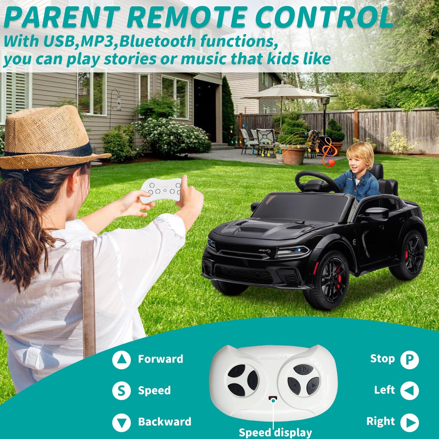 Segmart 12V Kids Ride On Car Licensed Dodge Charger Electric Car For Kids With Remote Control, 3 Speed Kids Electric Vehicles Wi