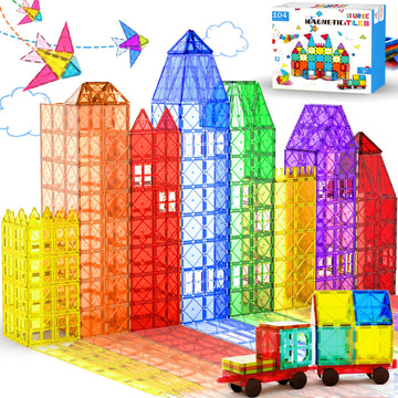 Urec Magnetic Tiles - 104 Pieces Magnetic Blocks For Kids, Magnet Tiles Building Blocks Set With 2 Cars, Construction Stem Toys Gift For Kids Boys 3 4 5 6 7 8 9+ Year Old