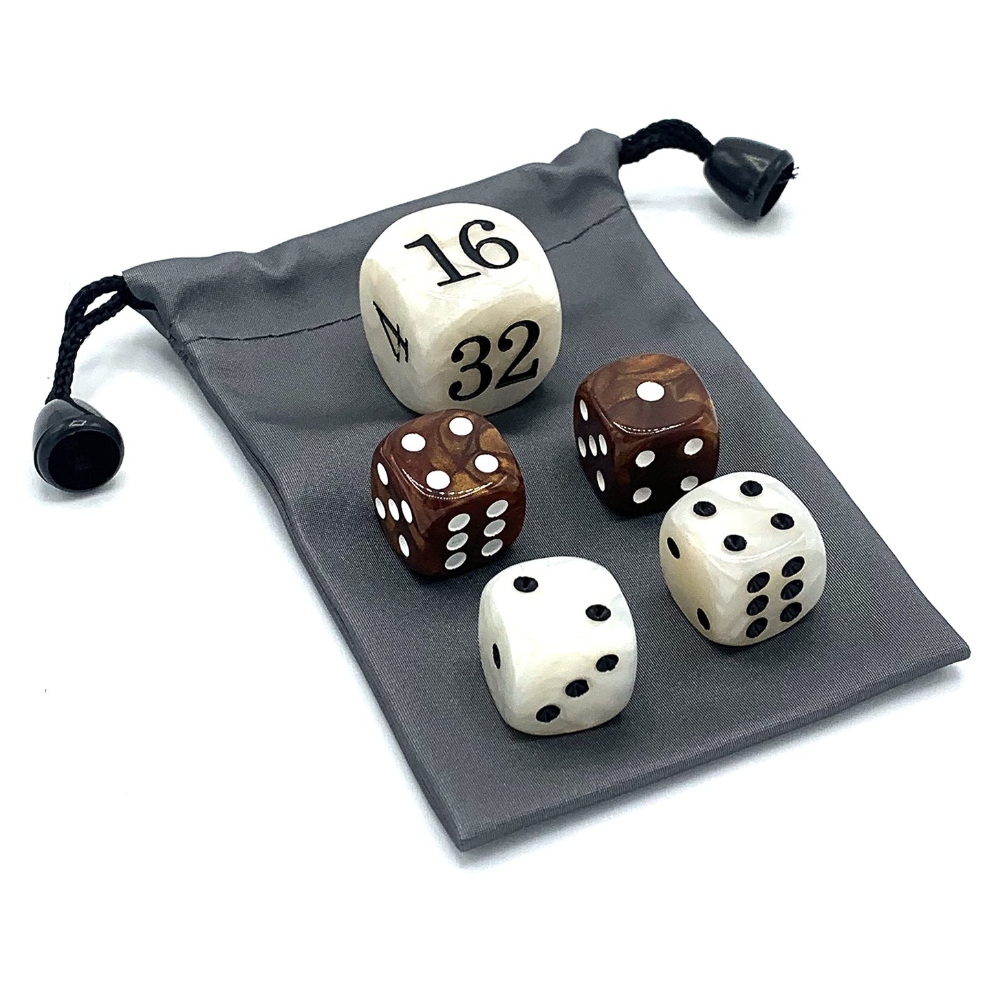 Luck Lab Backgammon Pearl Dice Set - 22 mm Doubling Cube Plus Four 16 mm Dice with Storage Bag, Brown/White Marbelized