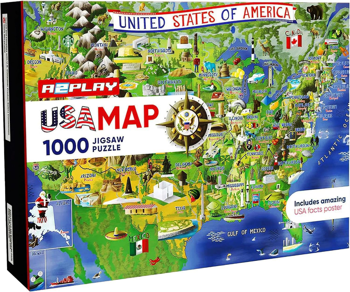 A2Play Usa Map Puzzle 1000 Piece For Adults, United States Of America, Patriotic Jigsaw Puzzle & Bonus Fact Poster, Premium Mate