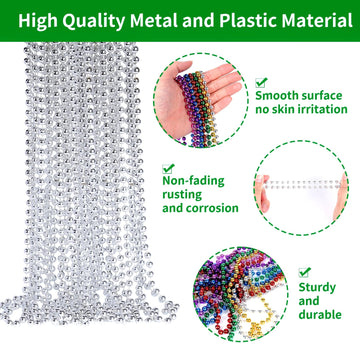 YAXINRUI 33 Inch 7 mm Metallic Sliver Bead Necklaces, 15pcs Mardi Gras Beads Bulk Round Beaded Necklaces Costume Necklace for Ma