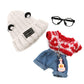 17cm Doll Clothes 5 Pieces - Kawaii Chic Style Set for 17cm Dolls  Cute Doll Outfit with Accessories - Grey Bear Ears Hat + Red Sweater + Blue Jeans + Glasses + Small Guitar (NO Doll)