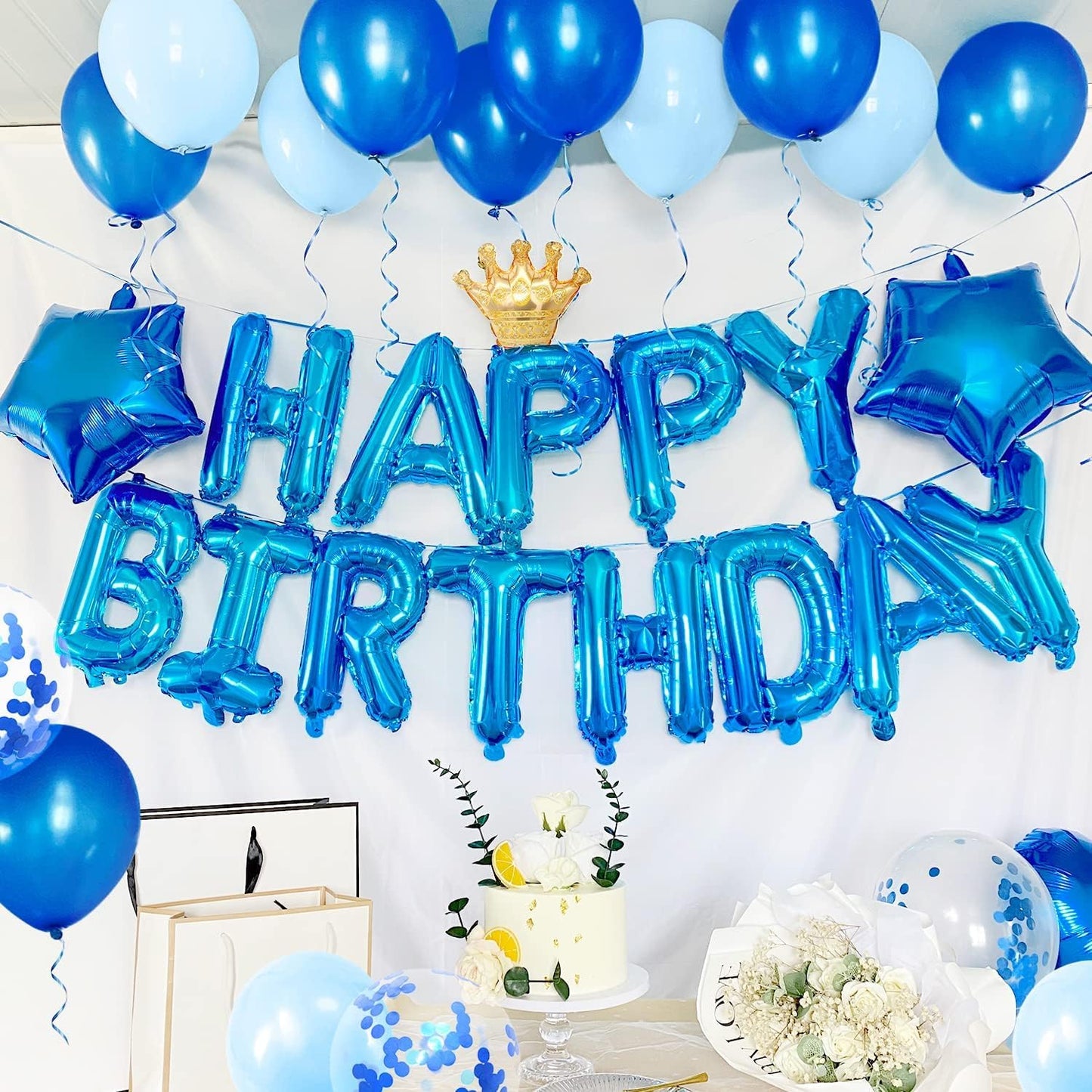 Hiparty 23Pcs Birthday Balloons Banner, 3D Blue Premium Mylar Foil Ecofriendly Letter Happy Birthday Banner With 5Pcs Star Ballo