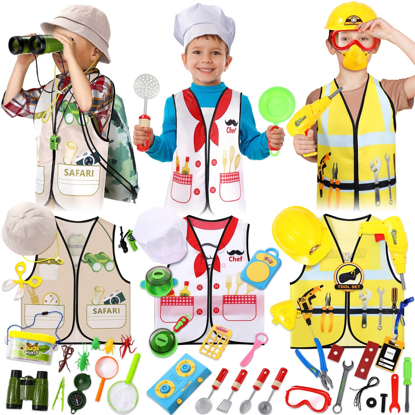 Deekin 3 Sets Kids Dress Up and Pretend Clothes with Plastic Toys for Toddler 3-7 Ages  Role Play Construction Worker  Chef  Explorer Dress Up Vest for Boys Girls Costumes Accessories Play