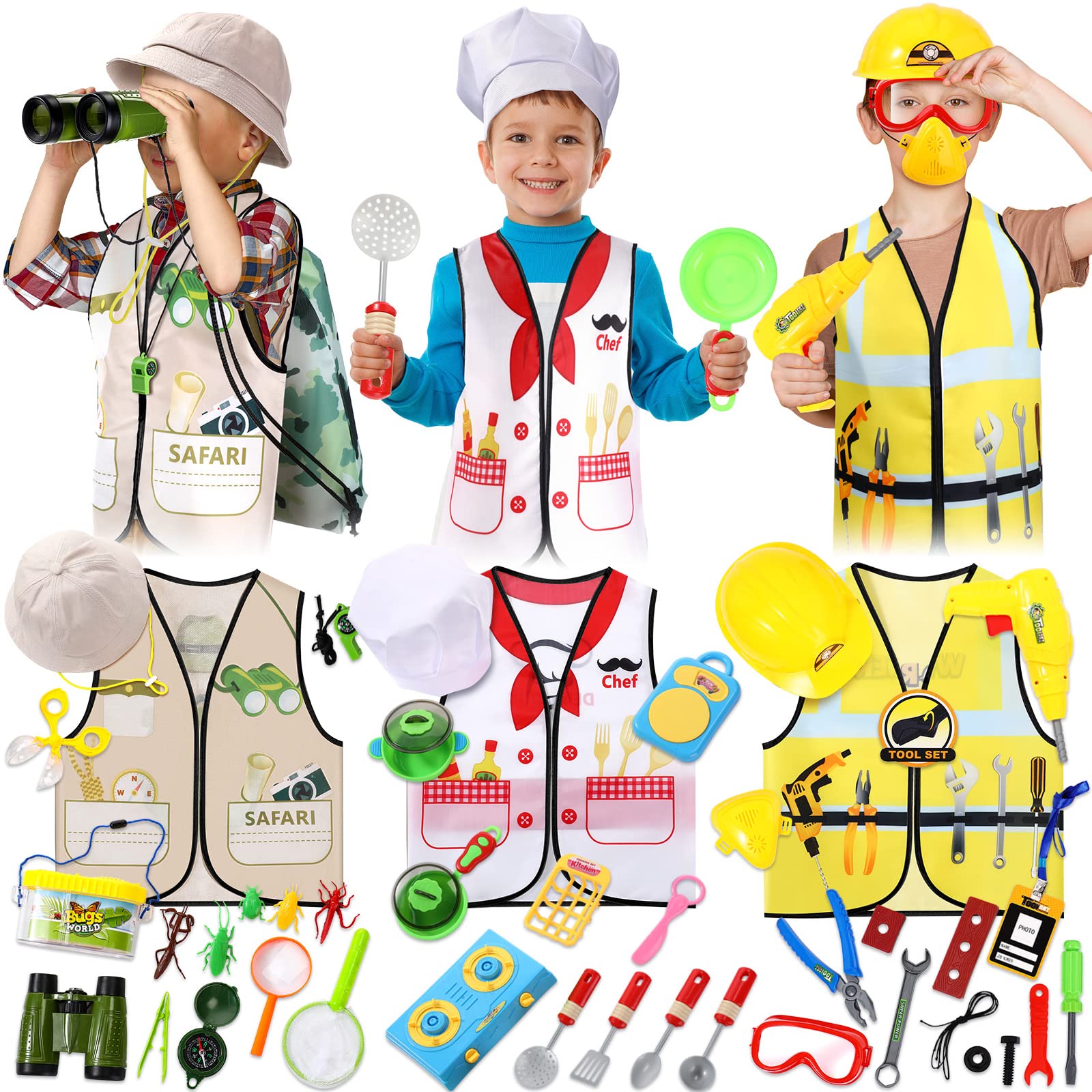 Deekin 3 Sets Kids Dress Up and Pretend Clothes with Plastic Toys for Toddler 3-7 Ages  Role Play Construction Worker  Chef  Explorer Dress Up Vest for Boys Girls Costumes Accessories Play