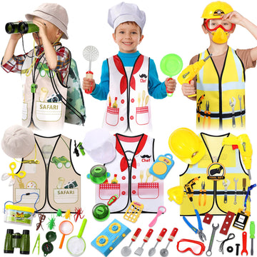 Deekin 3 Sets Kids Dress Up and Pretend Clothes with Plastic Toys for Toddler 3-7 Ages  Role Play Construction Worker  Chef  Explorer Dress Up Vest for Boys Girls Costumes Accessories Play