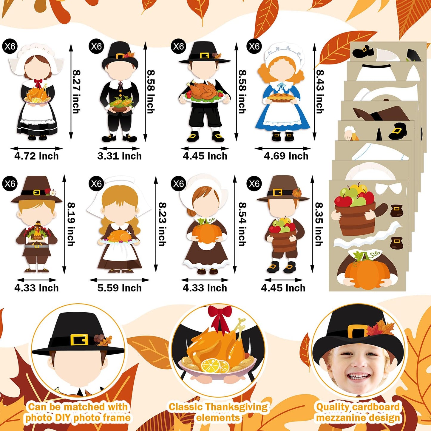 Qunclay 48 Sets Thanksgiving Pilgrim Boy and Girl Picture Frame Crafts Thanksgiving DIY Picture Frame Craft Kits Make Your Own P