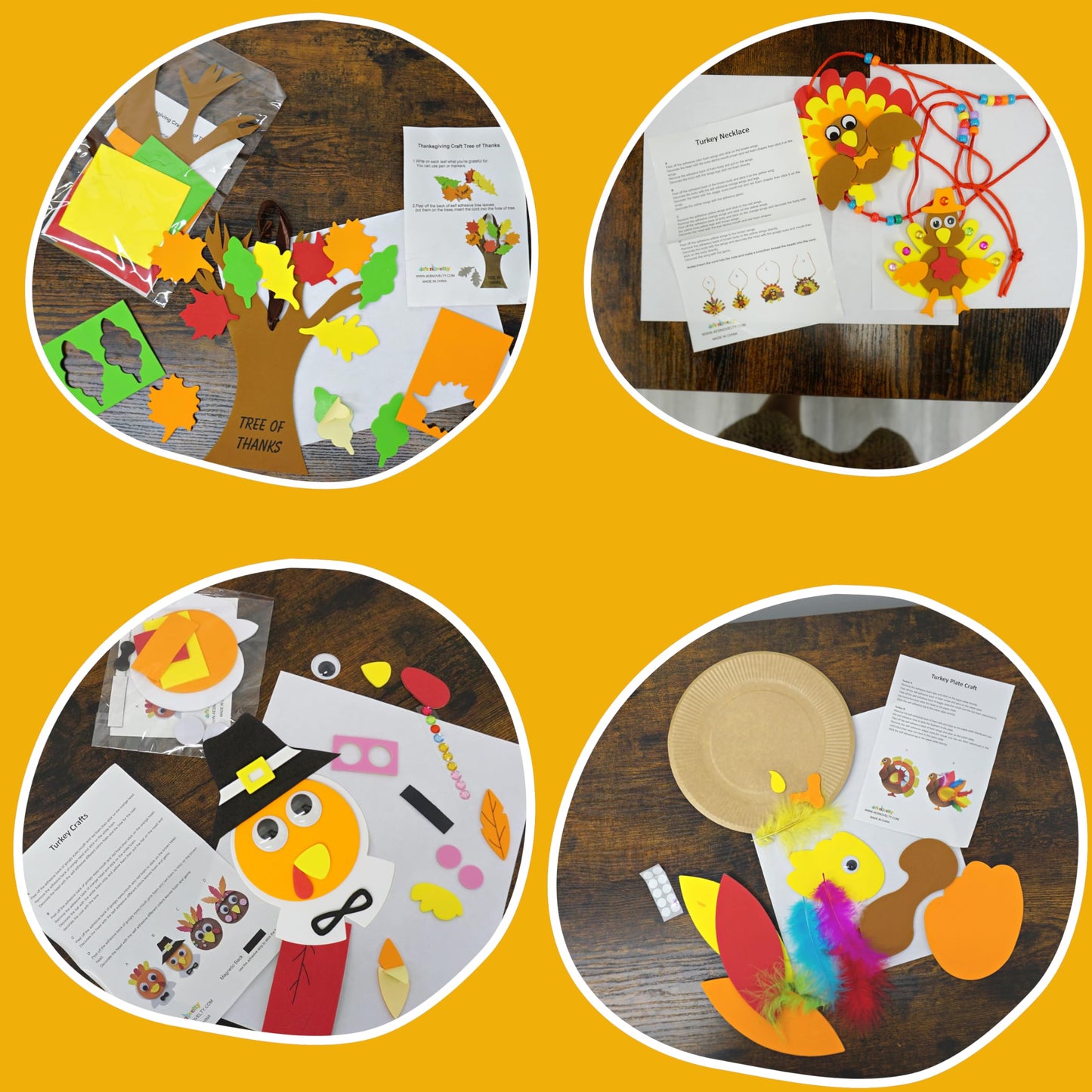 4Es Novelty Thanksgiving Craft for Kids (Makes 4) Includes - Foam Thankful Tree, Turkey Plate, Pilgrim Magnet, Turkey Necklace