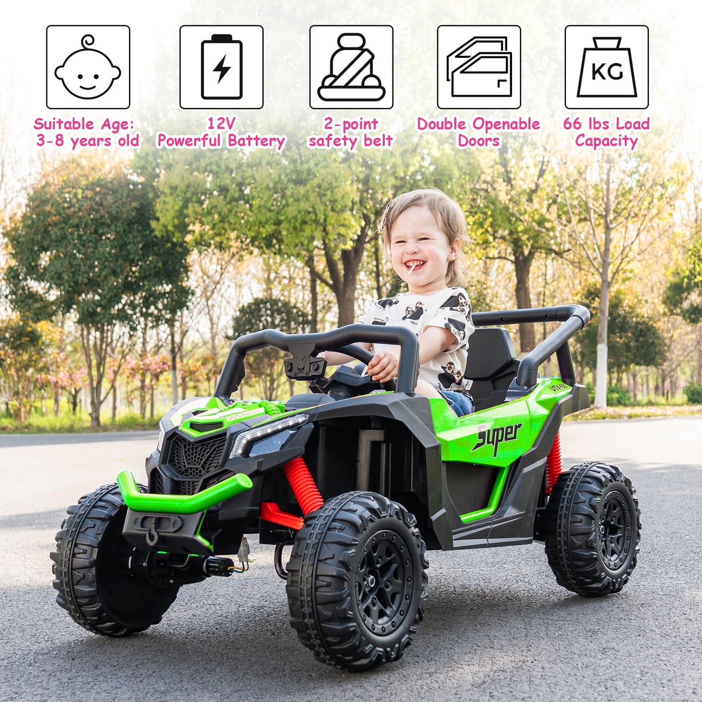 Run Fast 12v Ride on Car with Parent Remote Control Electric Ride on UTV Toys Car for Kids 3-5 2WD 25W Motors 4 Spring Suspension Safety Belt Horn Music and LED Lights (Green  12V)