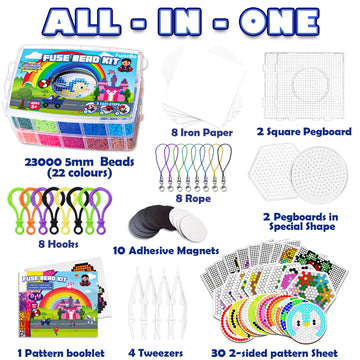 FUNZBO 23000 5mm Fuse Beads Kit - 22 Colors | 106 Patterns, Home School Arts and Crafts Supplies for Kids, Toys Set, Art Decorat