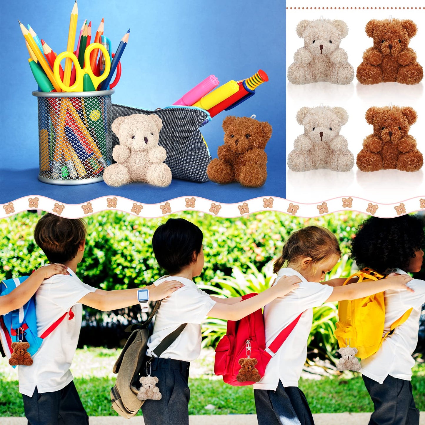 Aoriher 6 Mini Bear Plush Toys, 4 Inch Soft Brown Stuffed Animal Dolls for Baby Shower Favors, Graduation Gifts, Keychain Bag Charms