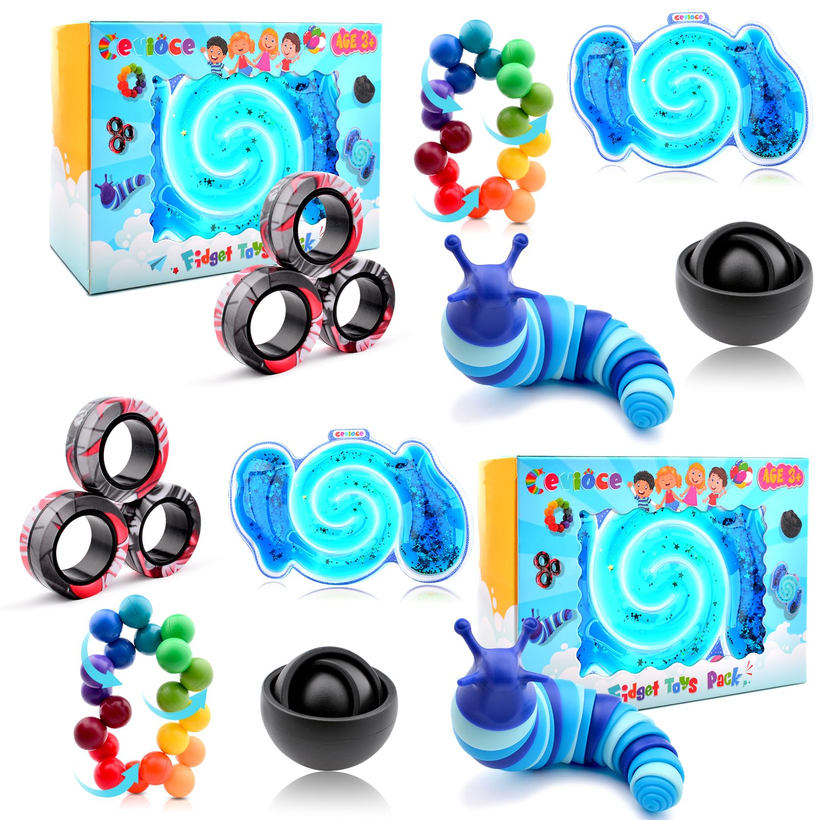 Cevioce 10Pcs Fidget Toys Adults Pack,Stocking Stuffers For Teens Boys Girls,Autism Sensory Toys With Fidget Spinner Slug Magnetic Rings,Squishy Fidget Toys Adhd Stress Relief,Party Favor For Kid-Bb